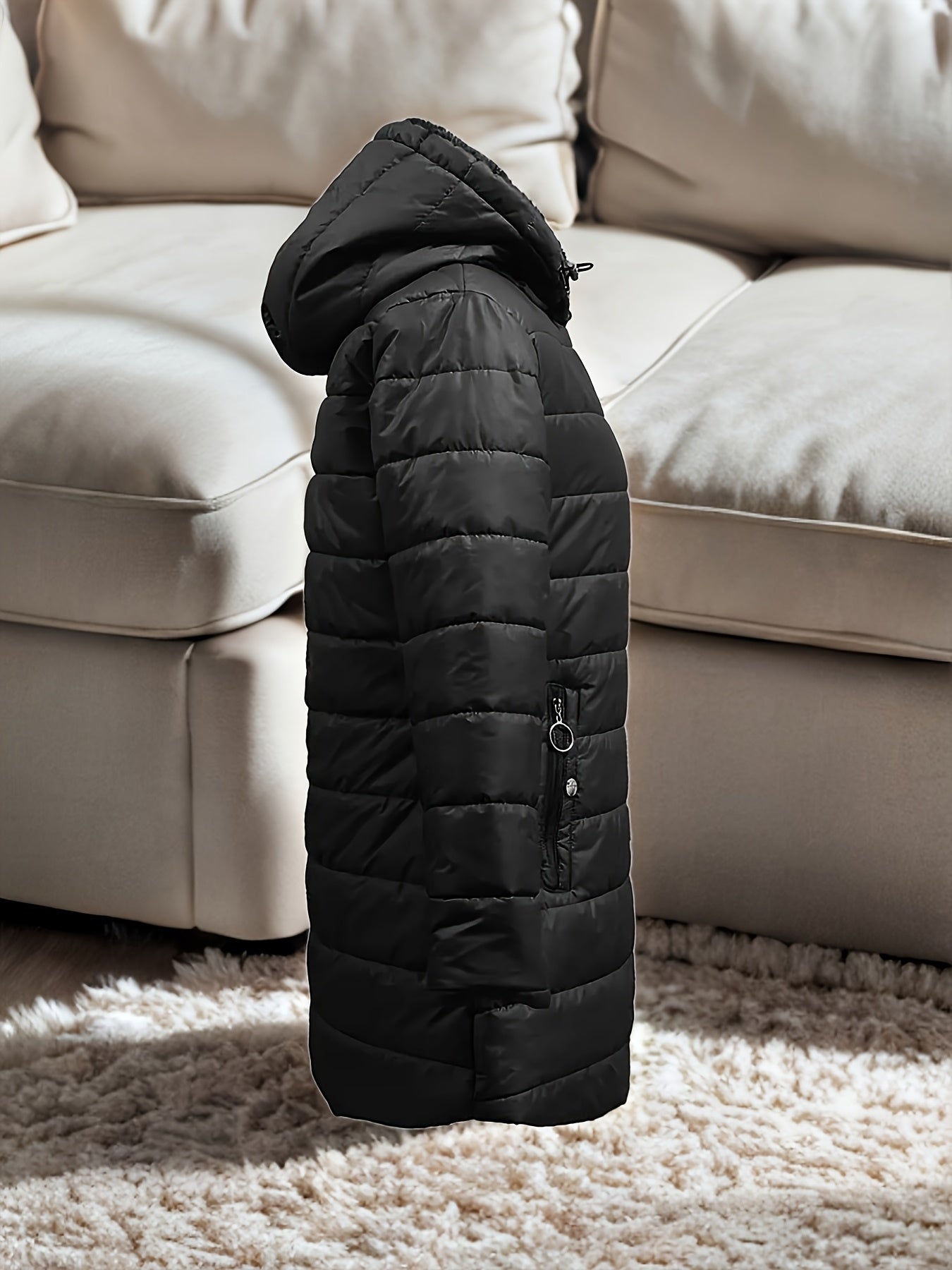 Women's Winter Fleece-Lined Hooded Coat - Mid-Length Loose Fit Parka with Fur-Lined Hood, Front Zipper & Pockets, Black Casual Outerwear, Big Fluffy Hooded Winter Coats, Furlined Warmth